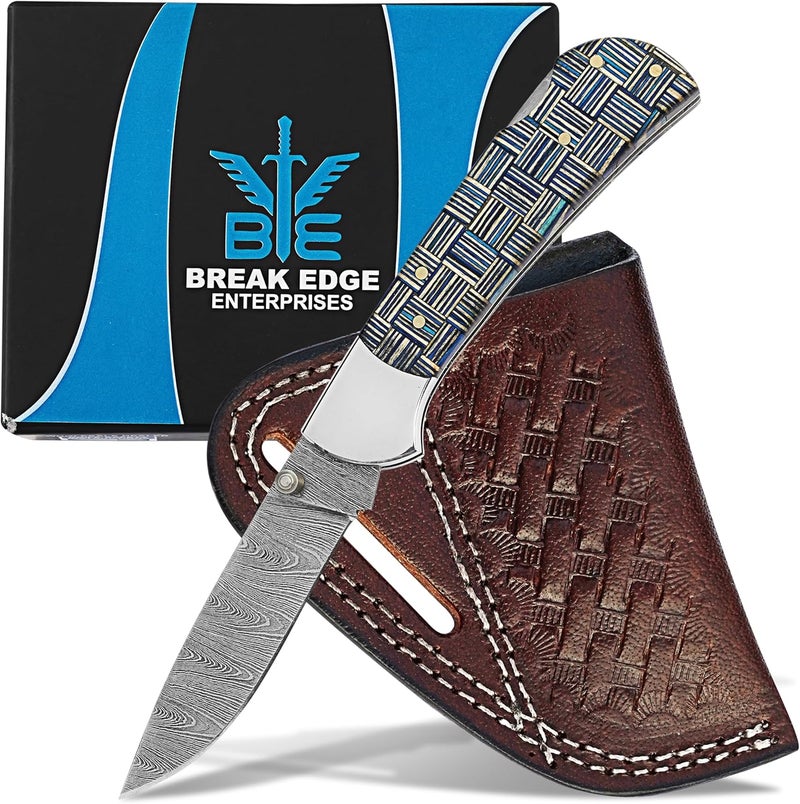 BE BREAK EDGE Damascus Steel Folding EDC Knife with Blue Geometric Pattern Handle, Handcrafted Steel, Tactical Outdoor, use in Camping Hunting and Crafting, Best Gift for Boy Friend. - Image 1